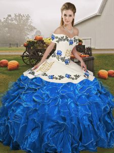 Dazzling Blue And White Lace Up Off The Shoulder Embroidery and Ruffles Quinceanera Dress Organza Sleeveless
