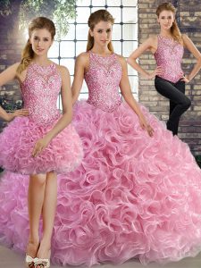 Exceptional Fabric With Rolling Flowers Scoop Sleeveless Lace Up Beading Sweet 16 Dress in Rose Pink