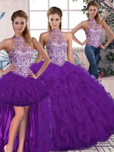 Halter Top Sleeveless Lace Up Quinceanera Gowns Purple Tulle