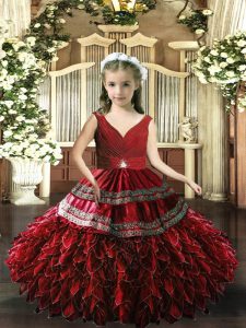 Customized Sleeveless Floor Length Backless Girls Pageant Dresses in Red with Beading and Appliques and Ruffles