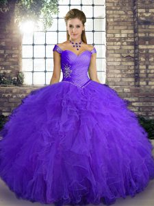 Fashion Purple Tulle Lace Up Off The Shoulder Sleeveless Floor Length Sweet 16 Quinceanera Dress Beading and Ruffles