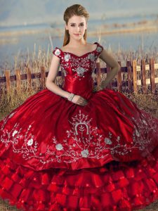 Edgy Red Ball Gowns Embroidery and Ruffled Layers Quince Ball Gowns Lace Up Satin Sleeveless Floor Length