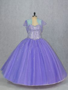Best Lavender Ball Gowns Sweetheart Sleeveless Tulle Floor Length Lace Up Beading 15 Quinceanera Dress