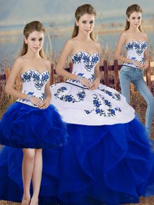 Unique Sweetheart Sleeveless Tulle Quinceanera Gown Embroidery and Ruffles and Bowknot Lace Up