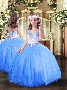 Unique Straps Sleeveless Lace Up Pageant Dress for Teens Baby Blue Tulle