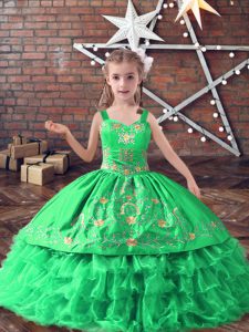 Artistic Satin and Organza Straps Sleeveless Lace Up Embroidery and Ruffled Layers Pageant Dress Toddler in Green