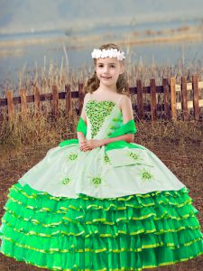 Floor Length Green Kids Pageant Dress Organza Sleeveless Beading and Embroidery and Ruffled Layers