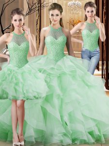 Fabulous Apple Green Three Pieces Halter Top Sleeveless Organza Brush Train Lace Up Beading and Ruffles Quinceanera Gowns