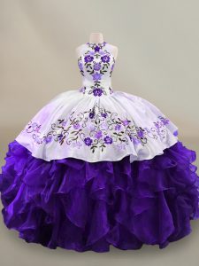 High End Long Sleeves Organza Floor Length Lace Up Quinceanera Dress in White And Purple with Embroidery and Ruffles