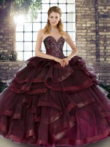 Burgundy Lace Up Quinceanera Dress Beading and Ruffles Sleeveless Floor Length