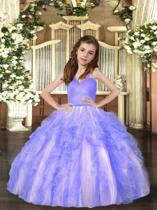Super Lavender Ball Gowns Straps Sleeveless Tulle Floor Length Lace Up Ruffles Little Girls Pageant Dress