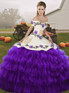 Pretty Organza Off The Shoulder Sleeveless Lace Up Embroidery and Ruffled Layers Vestidos de Quinceanera in White And Purple