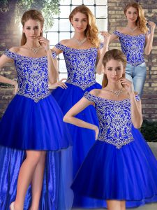 Great Off The Shoulder Sleeveless Quince Ball Gowns Brush Train Beading Royal Blue Tulle