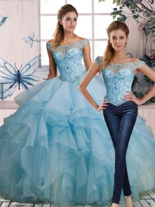 Light Blue Two Pieces Off The Shoulder Sleeveless Organza Floor Length Lace Up Beading and Ruffles Sweet 16 Dress