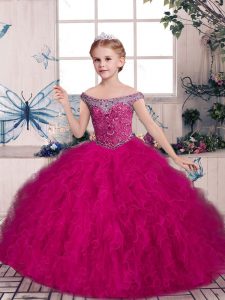 Stylish Ball Gowns Girls Pageant Dresses Fuchsia Off The Shoulder Tulle Sleeveless Floor Length Lace Up
