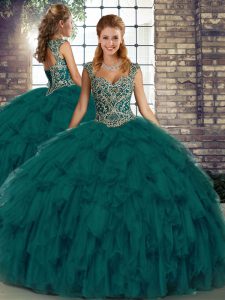 Peacock Green Ball Gowns Straps Sleeveless Organza Floor Length Lace Up Beading and Ruffles Vestidos de Quinceanera