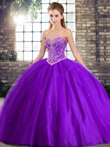 Exquisite Purple Ball Gowns Sweetheart Sleeveless Tulle Brush Train Lace Up Beading 15th Birthday Dress