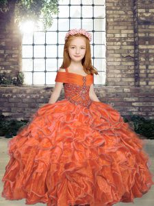 Sleeveless Organza Floor Length Lace Up Little Girl Pageant Gowns in Orange with Beading