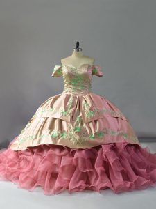 Attractive Floor Length Pink Sweet 16 Dresses Organza Chapel Train Sleeveless Embroidery and Ruffles