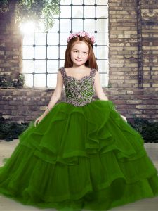 Green Ball Gowns Tulle Straps Sleeveless Beading and Ruffles Floor Length Lace Up Pageant Dress for Teens