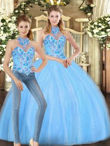 Baby Blue Sleeveless Floor Length Embroidery Lace Up Quinceanera Gowns