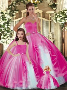 Clearance Floor Length Lace Up Quinceanera Gown Hot Pink for Sweet 16 and Quinceanera with Ruffles