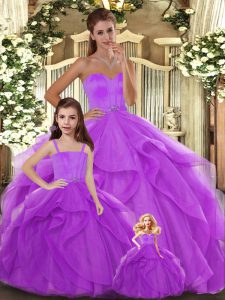 Lilac Ball Gowns Beading and Ruffles 15th Birthday Dress Lace Up Tulle Sleeveless Floor Length