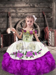 Purple Kids Pageant Dress Wedding Party with Beading and Embroidery and Ruffles Off The Shoulder Sleeveless Lace Up
