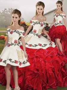 Pretty White And Red Off The Shoulder Lace Up Embroidery and Ruffles Sweet 16 Quinceanera Dress Sleeveless