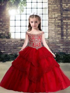 Ball Gowns Kids Pageant Dress Red Off The Shoulder Tulle Sleeveless Floor Length Lace Up