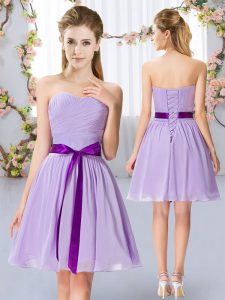 Superior Sleeveless Chiffon Mini Length Lace Up Damas Dress in Lavender with Belt