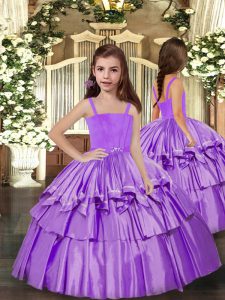 Latest Floor Length Lace Up Little Girls Pageant Gowns Lavender for Party and Sweet 16 and Wedding Party with Ruffled Layers