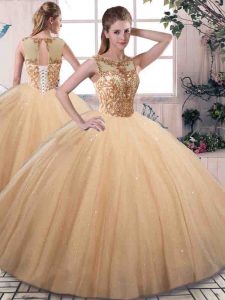 Gold Sleeveless Tulle Lace Up Quince Ball Gowns for Military Ball and Sweet 16 and Quinceanera