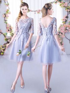 Grey Half Sleeves Tulle Lace Up Damas Dress for Wedding Party