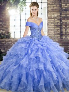 Off The Shoulder Sleeveless 15 Quinceanera Dress Brush Train Beading and Ruffles Lavender Organza