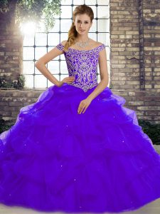 Low Price Purple Sleeveless Brush Train Beading and Pick Ups Sweet 16 Dress