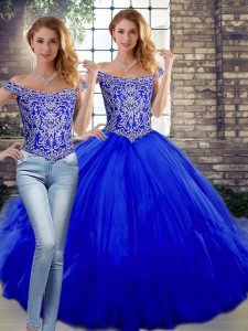 Amazing Royal Blue Tulle Lace Up Off The Shoulder Sleeveless Floor Length Quince Ball Gowns Beading and Ruffles
