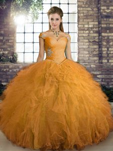 Edgy Orange Off The Shoulder Neckline Beading and Ruffles Sweet 16 Quinceanera Dress Sleeveless Lace Up
