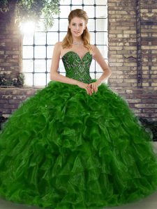Lovely Green Organza Lace Up Sweet 16 Dress Sleeveless Floor Length Beading and Ruffles