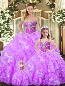 Inexpensive Lilac Organza Lace Up Sweetheart Sleeveless Floor Length Sweet 16 Dress Beading and Ruffles