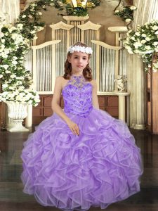 Hot Sale Lavender Ball Gowns Halter Top Sleeveless Organza Floor Length Lace Up Beading and Ruffles Pageant Dress for Teens
