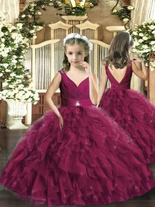 Burgundy Sleeveless Tulle Backless Pageant Dress for Womens for Party and Wedding Party