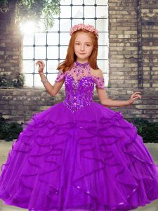Purple Ball Gowns Beading and Ruffles Pageant Dress for Teens Lace Up Tulle Sleeveless Floor Length