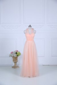 Great Peach Court Dresses for Sweet 16 Wedding Party with Ruching Halter Top Sleeveless Zipper