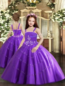 Superior Purple Ball Gowns Tulle Straps Sleeveless Beading and Ruffled Layers Floor Length Lace Up Child Pageant Dress