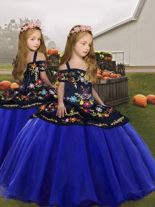 Royal Blue Sleeveless Floor Length Embroidery and Ruffles Lace Up Little Girls Pageant Gowns