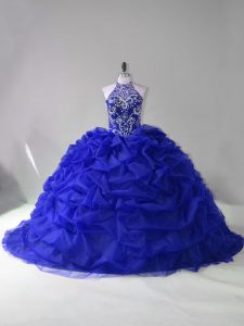 Halter Top Long Sleeves Court Train Lace Up 15th Birthday Dress Royal Blue Organza
