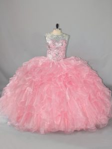 Exquisite Pink Scoop Lace Up Beading and Ruffles Quinceanera Gowns Sleeveless
