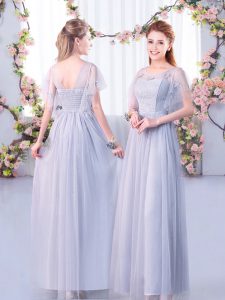 Sophisticated Floor Length Empire Short Sleeves Grey Dama Dress for Quinceanera Side Zipper