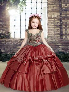 Glittering Red Straps Neckline Beading Little Girl Pageant Dress Sleeveless Lace Up